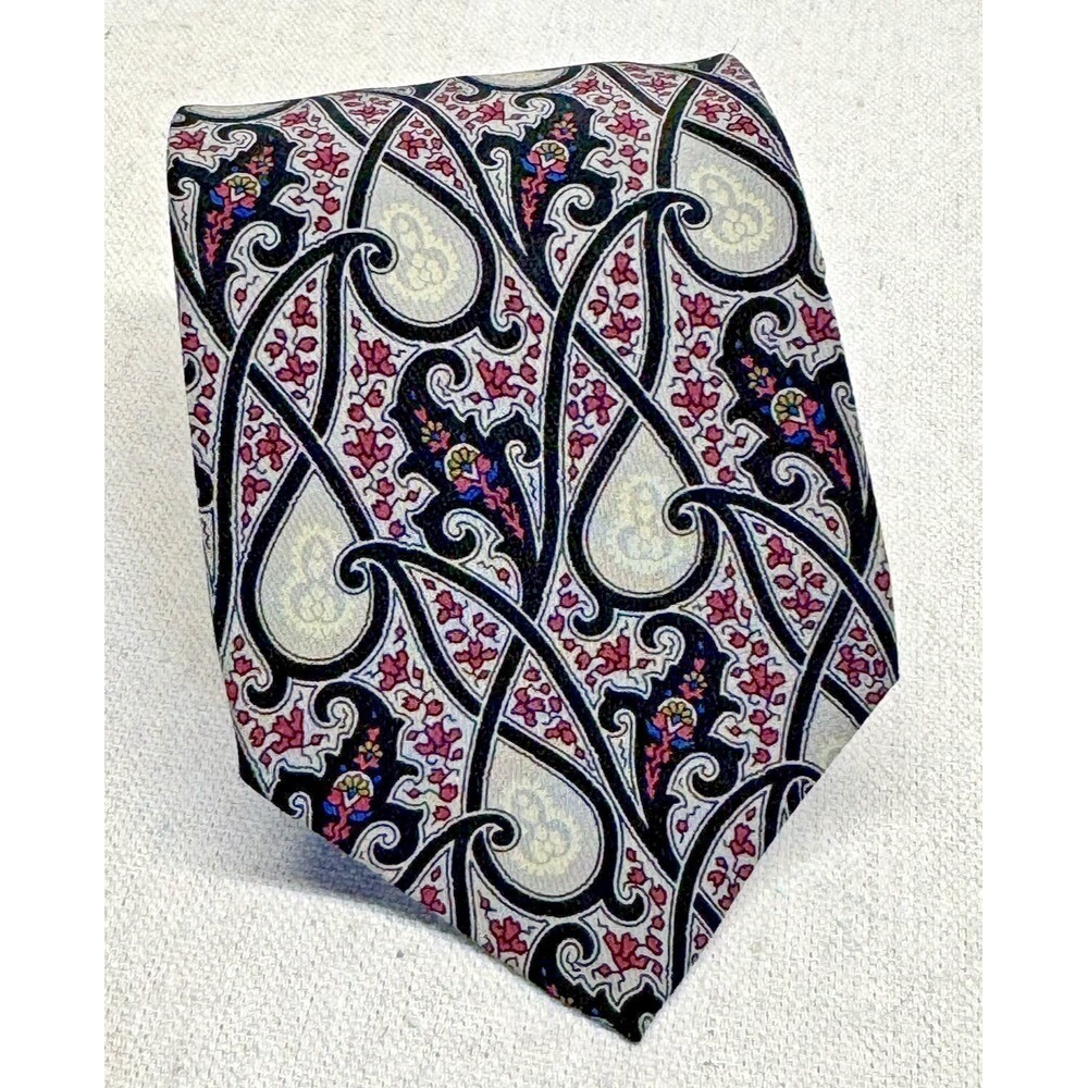 Valentino Cravatte Necktie Mens OS Silver Black Pink Paisley Silk Italy Luxury